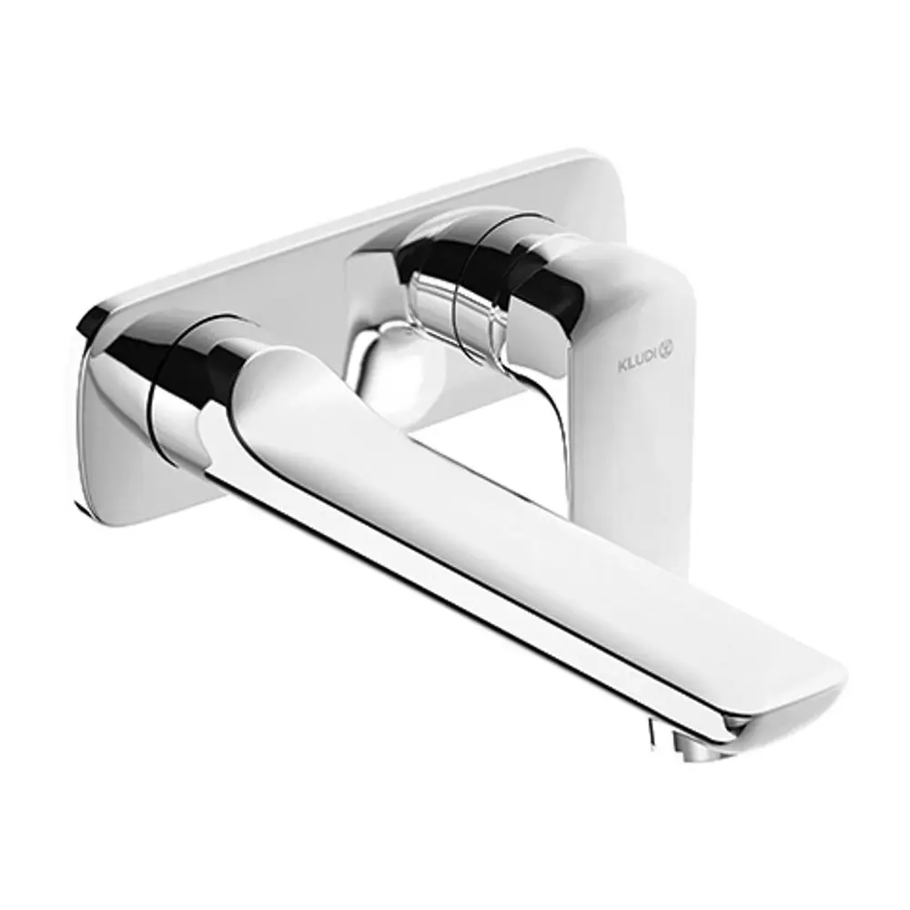Wandmontierter Wasserhahn in Chrom-Design von Kludi mit einem langen, schmalen Auslauf und zwei Bedienhebeln. Ideal für moderne Badezimmer.